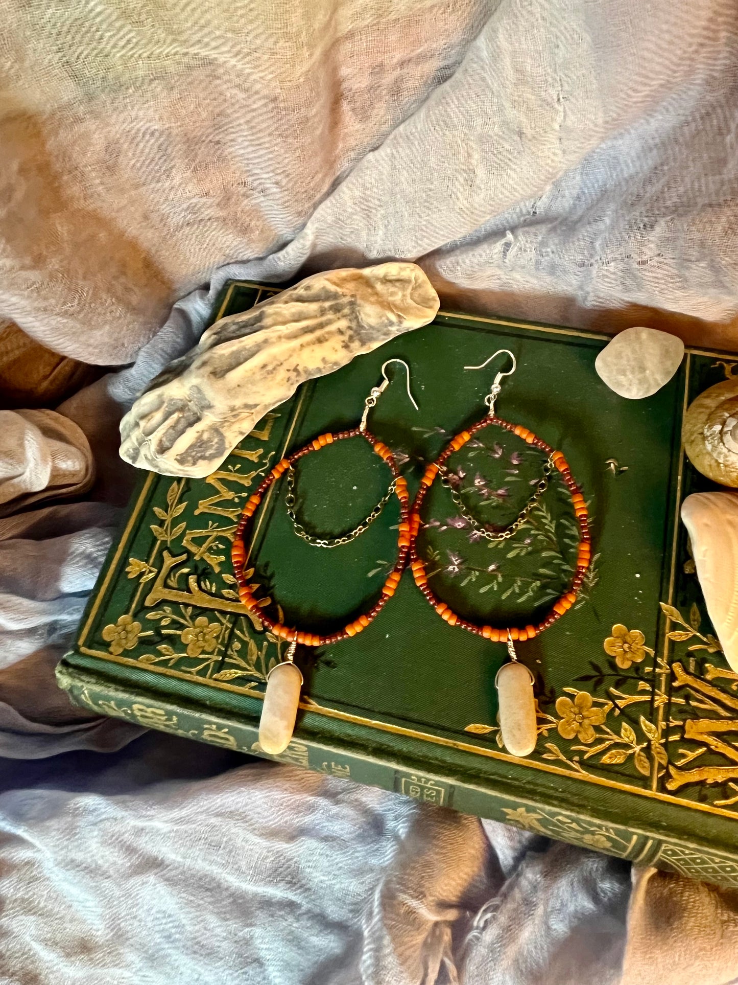 orange & red beaded oval hoop dangle earrings