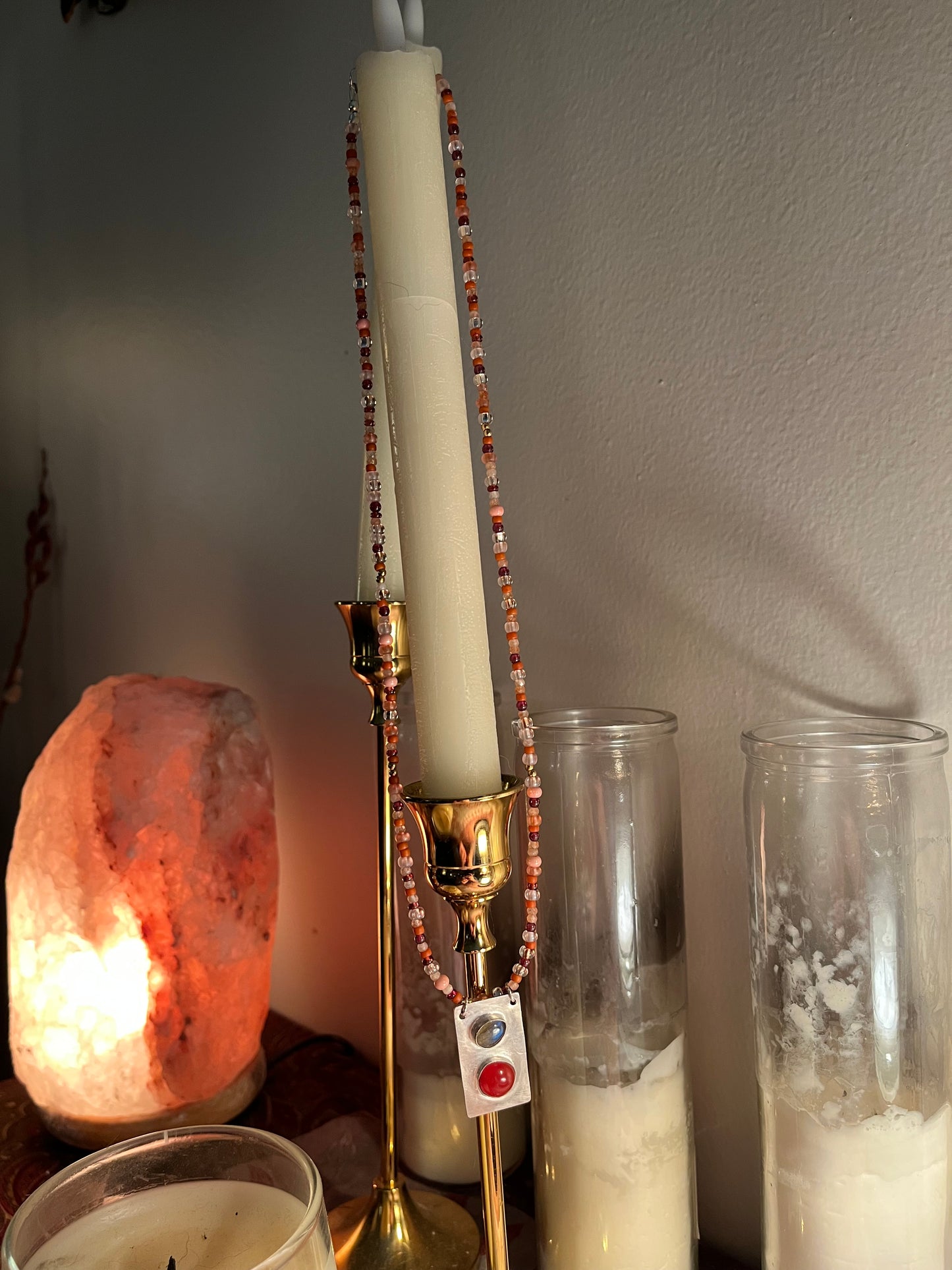 labradorite and carnelian pendant with mixed gemstone and bead necklace strand
