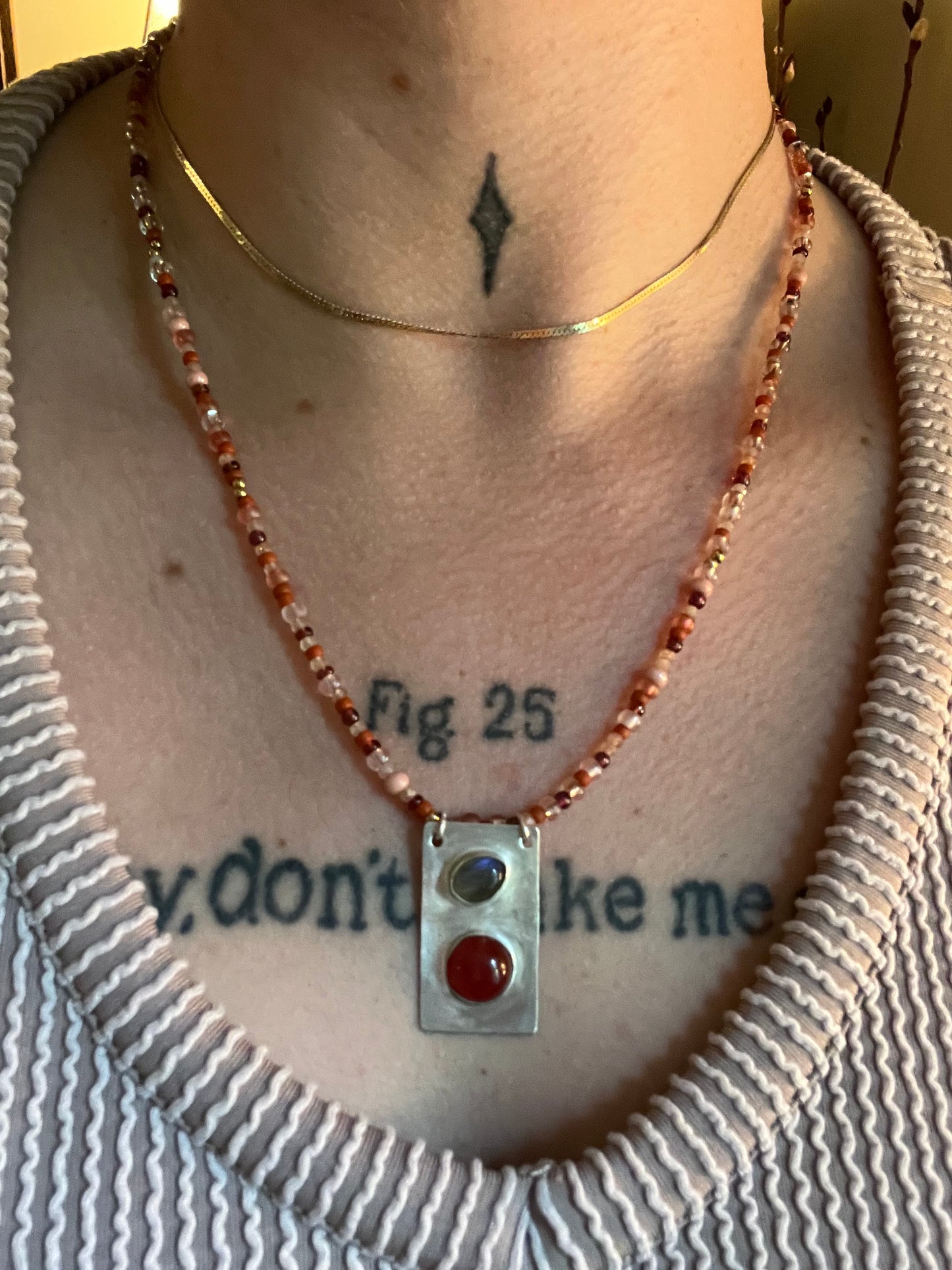 labradorite and carnelian pendant with mixed gemstone and bead necklace strand