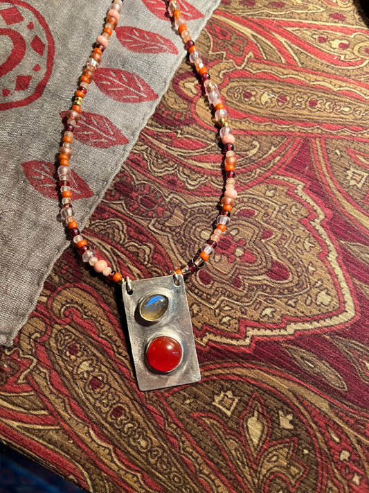 labradorite and carnelian pendant with mixed gemstone and bead necklace strand