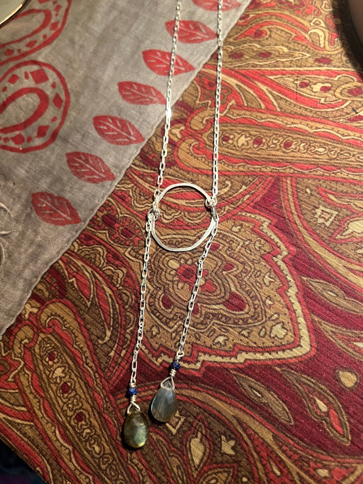 sterling silver lariat style necklace with labradorite