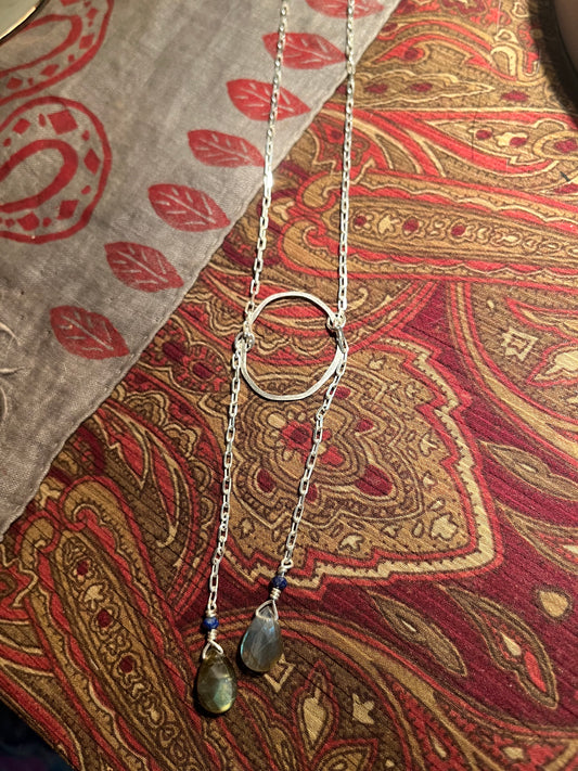 sterling silver lariat style necklace with labradorite